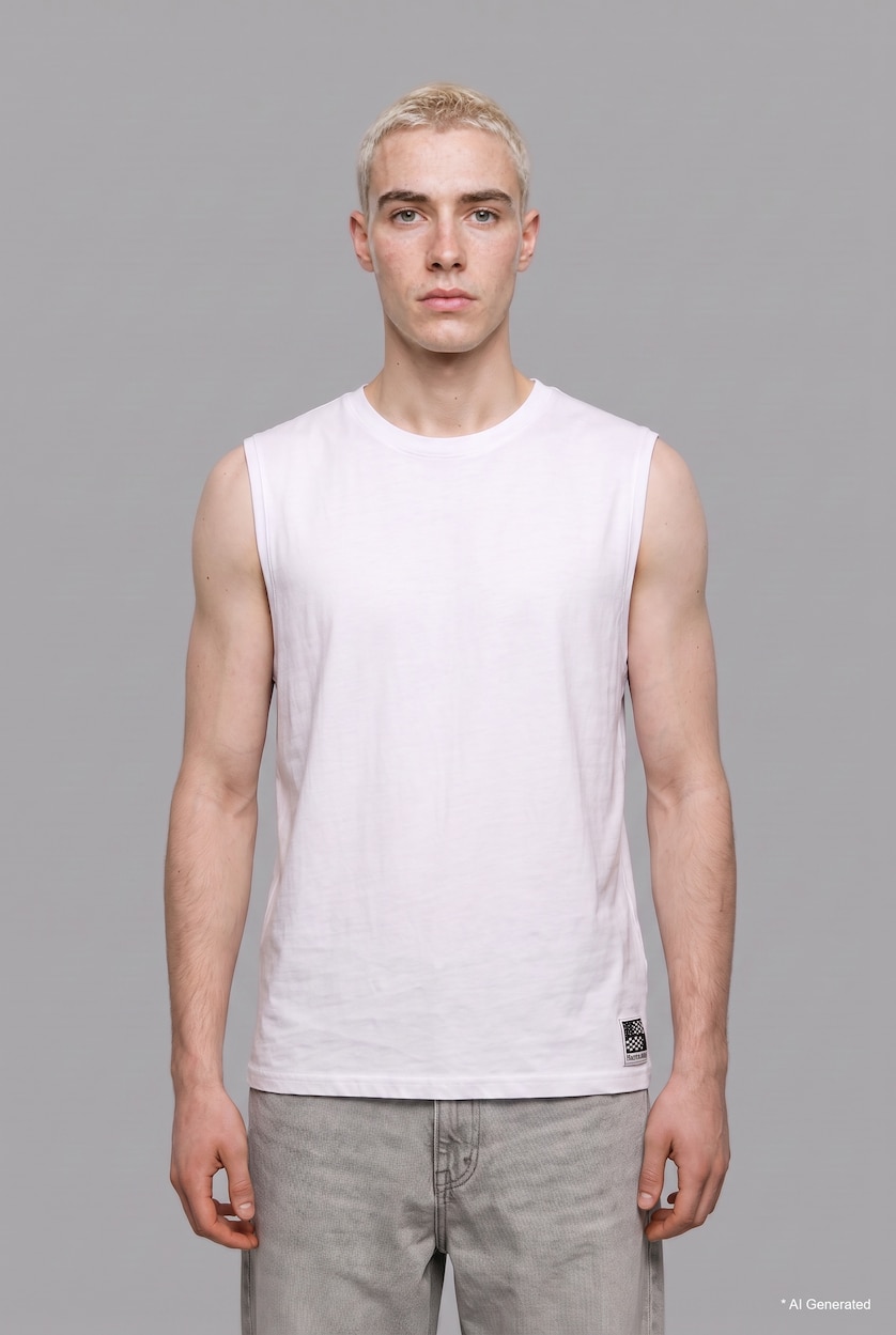 رجال أبيض Boxy Fit 100% Cotton White Ribbed Crew Neck Tank Top