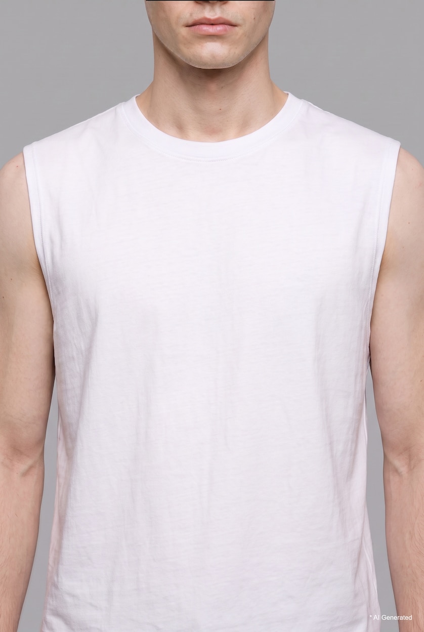 رجال أبيض Boxy Fit 100% Cotton White Ribbed Crew Neck Tank Top
