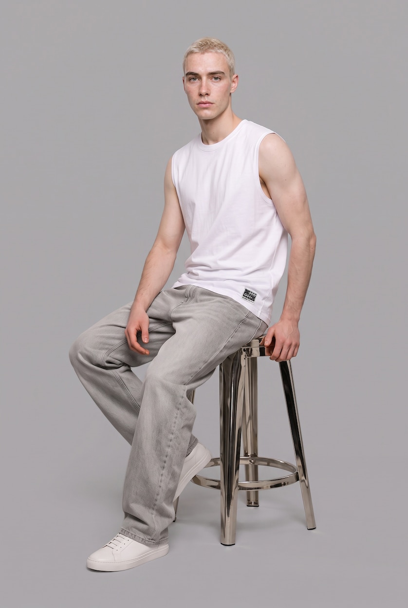 MAN White 100% Cotton Boxy Fit Ribbed White Tank Top