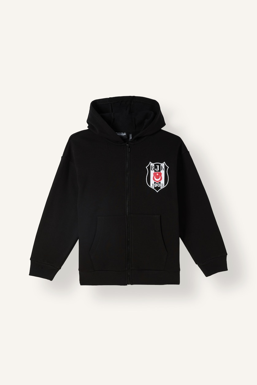 Erkek Çocuk - Genç Erkek Siyah Beşiktaş Logolu Kapüşonlu Hırka Sweatshirt Erkek Çocuk