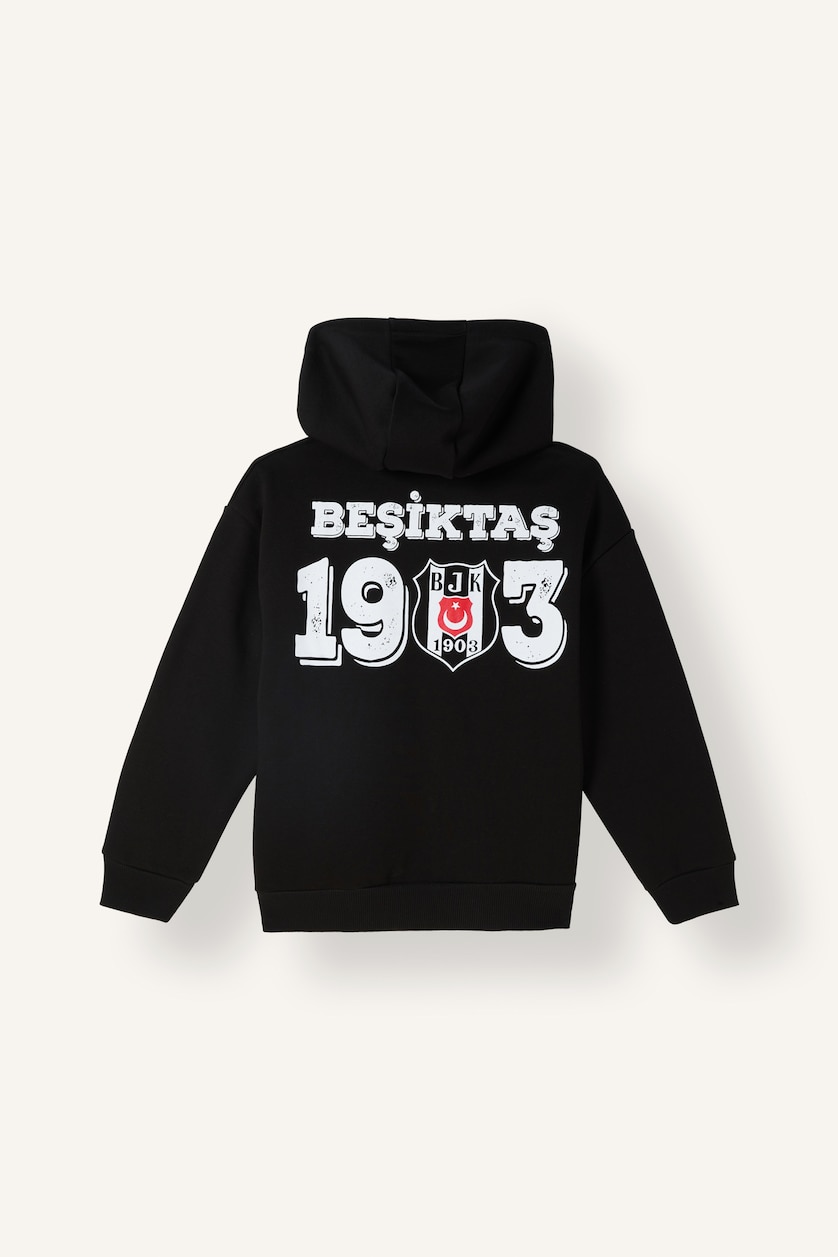 Erkek Çocuk - Genç Erkek Siyah Beşiktaş Logolu Kapüşonlu Hırka Sweatshirt Erkek Çocuk