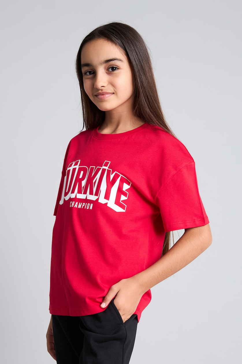 Kız Çocuk - Genç Kız Kırmızı %100 Pamuk Baskılı Bisiklet Yaka Kız Çocuk Tişört