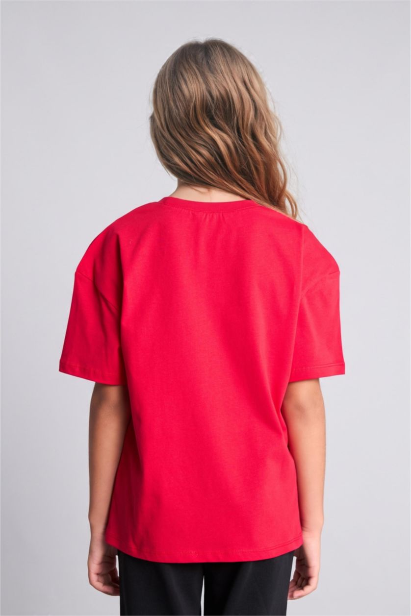 Girls & Teens Red تيشيرت بناتي نص ردن بطبعة شعار
