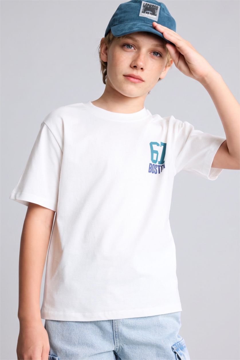 Boys & Teens White تيشيرت ولادي نص ردن مطبوع بياخة مستديرة