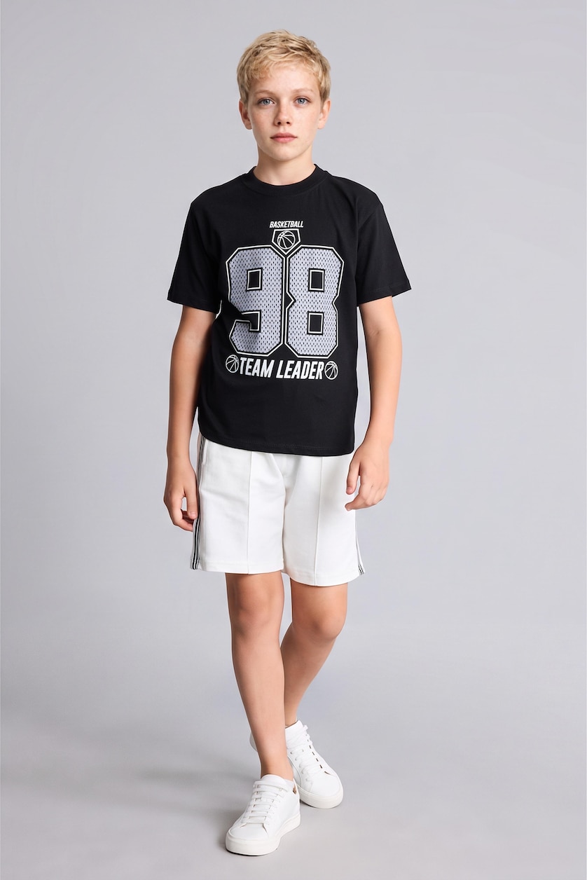 Erkek Çocuk - Genç Erkek Siyah Basketbol Baskılı Overshirt Tişört Erkek Çocuk