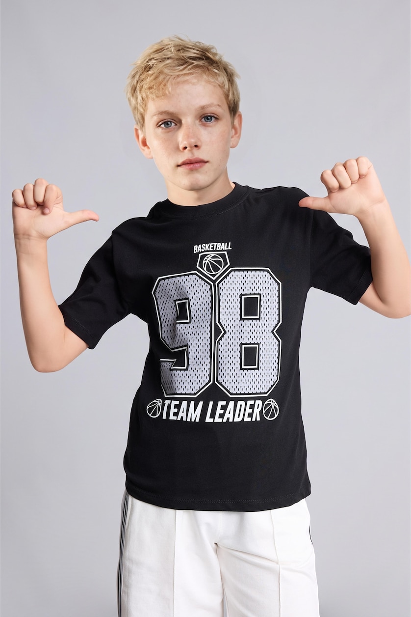 Erkek Çocuk - Genç Erkek Siyah Basketbol Baskılı Overshirt Tişört Erkek Çocuk