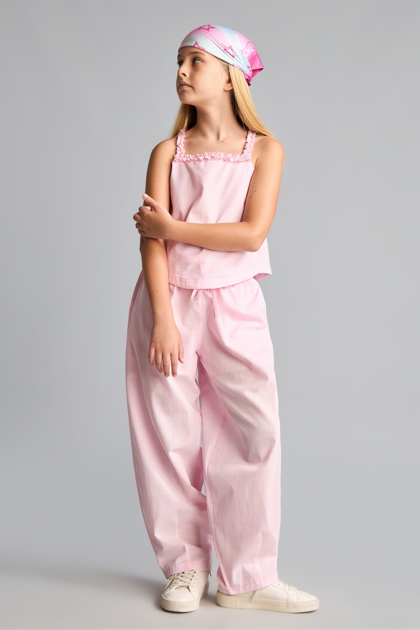 Kız Çocuk - Genç Kız Açık Pembe %100 Pamuk Geniş Paça Poplin Pantolon Kız Çocuk