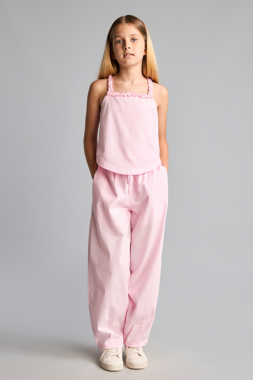 Kız Çocuk - Genç Kız Açık Pembe %100 Pamuk Geniş Paça Poplin Pantolon Kız Çocuk