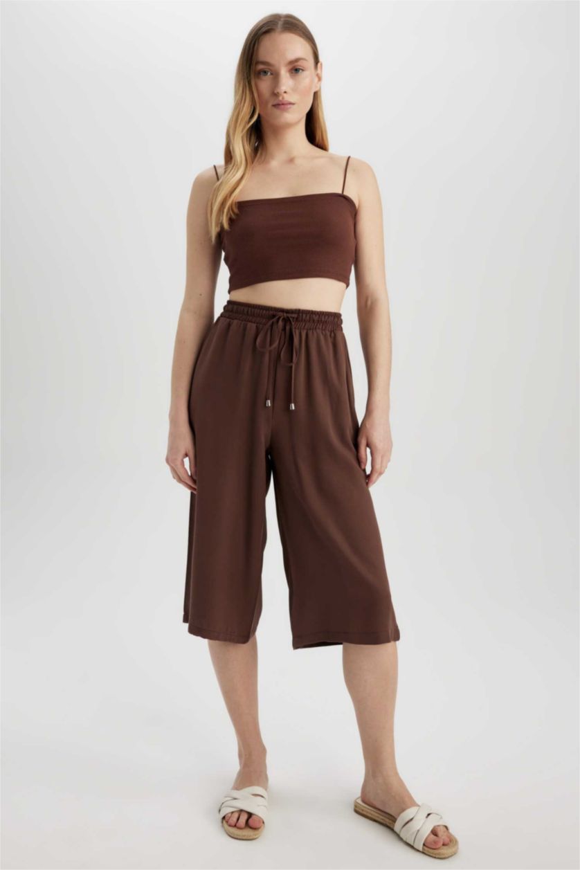 WOMAN Brown Relax Fit High Waist Lace Up Viscose Capri Trousers