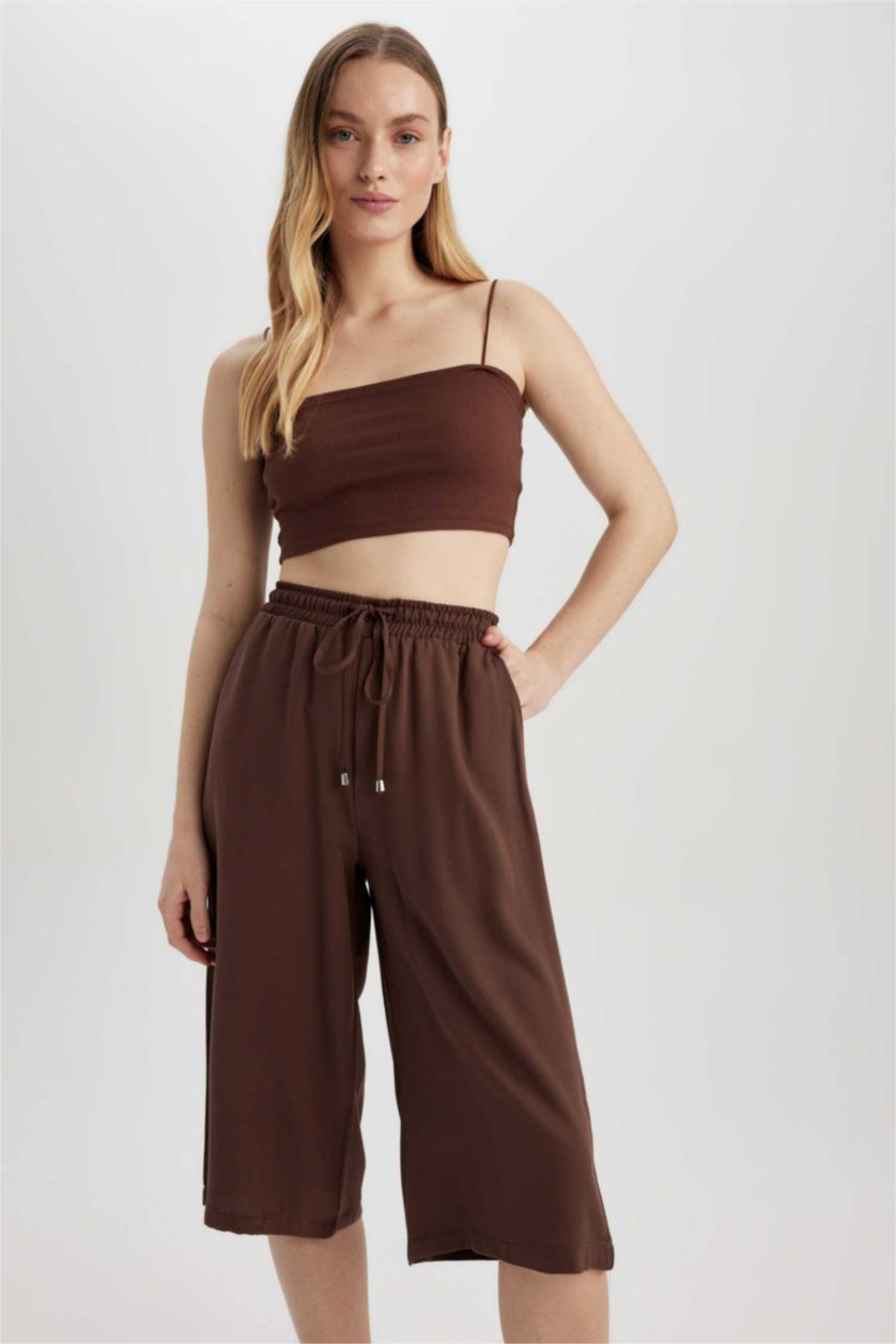 WOMAN Brown Relax Fit High Waist Lace Up Viscose Capri Trousers