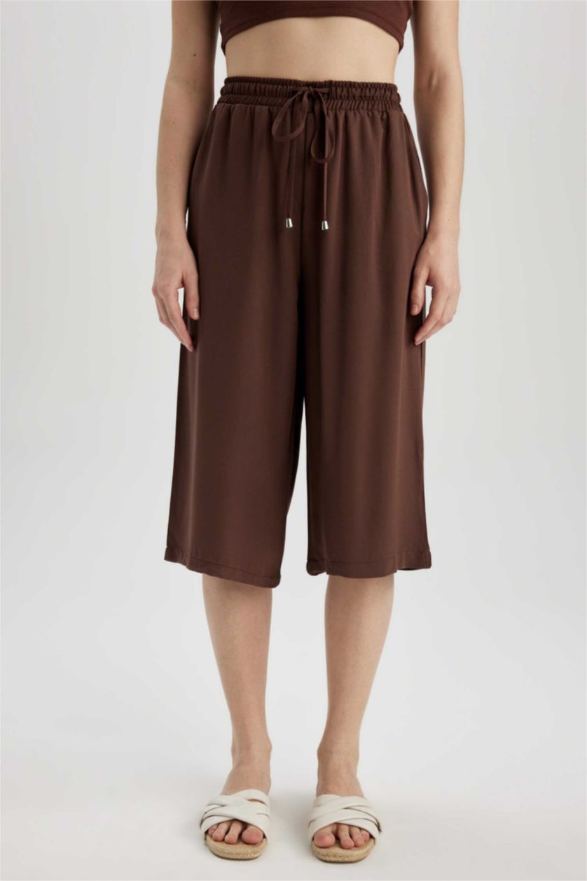 WOMAN Brown Relax Fit High Waist Lace Up Viscose Capri Trousers