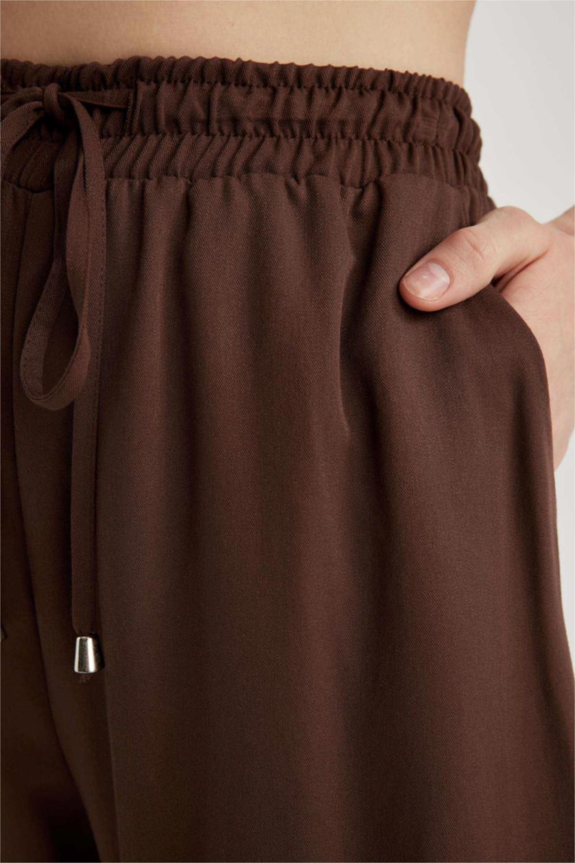 WOMAN Brown Relax Fit High Waist Lace Up Viscose Capri Trousers