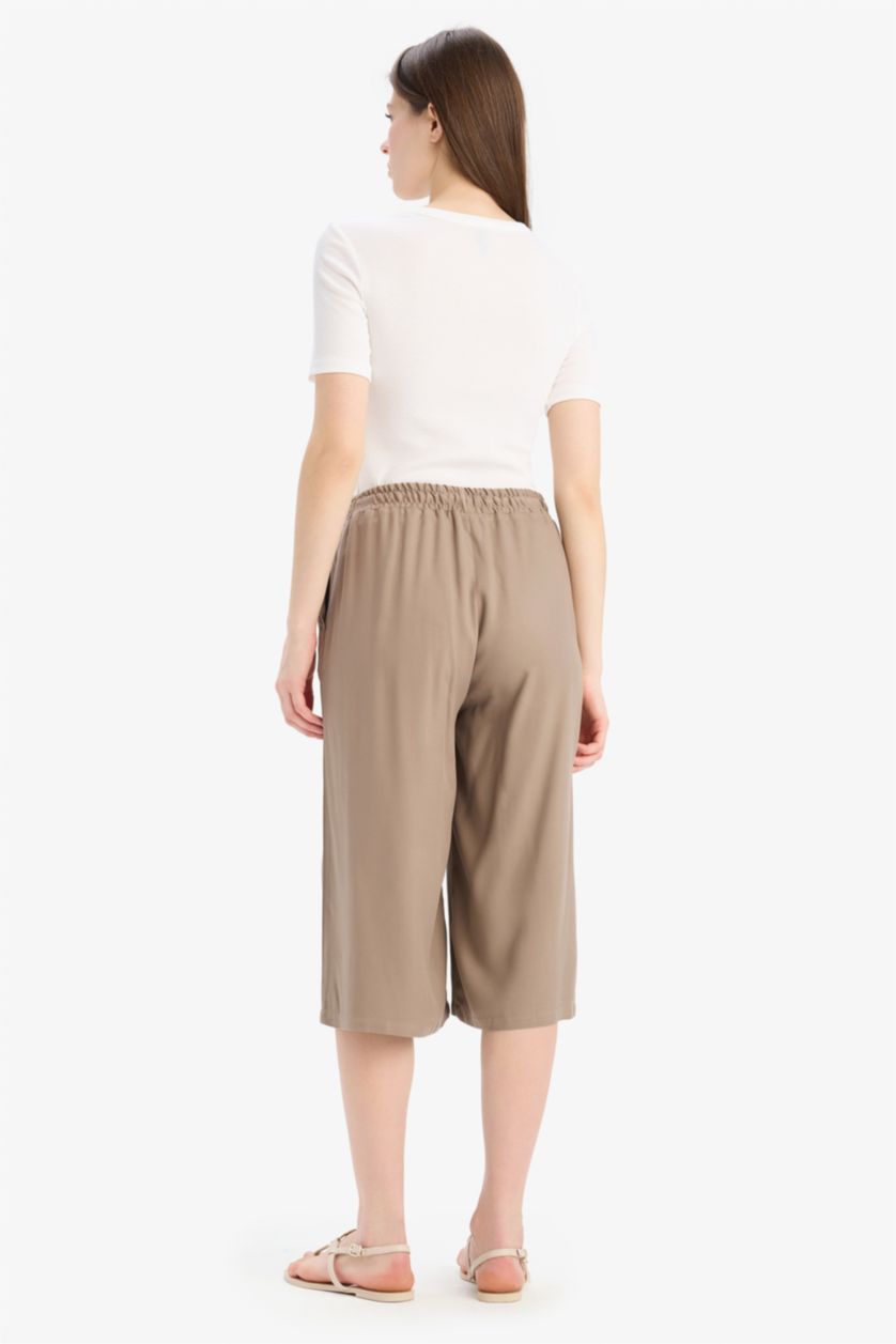 Kadın Açık Kahve Yüksek Bel Beli Lastikli Bağcıklı Belmando Kapri