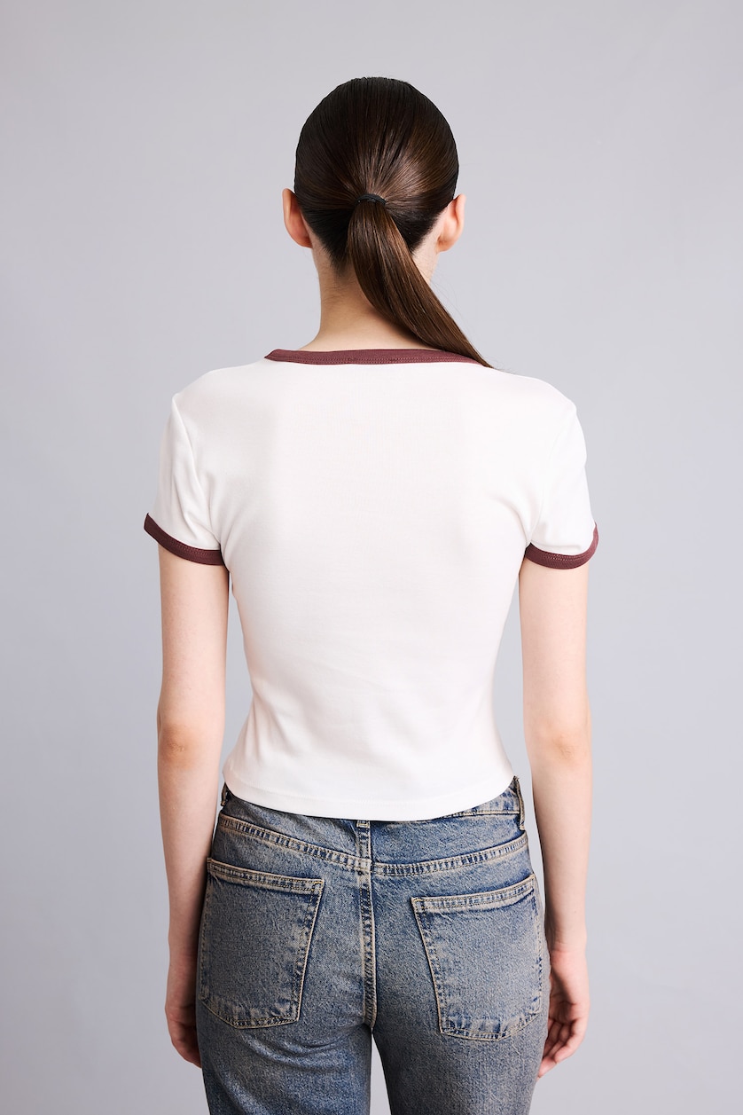 Women White Slim Fit Ribana Short Sleeve T-Shirt