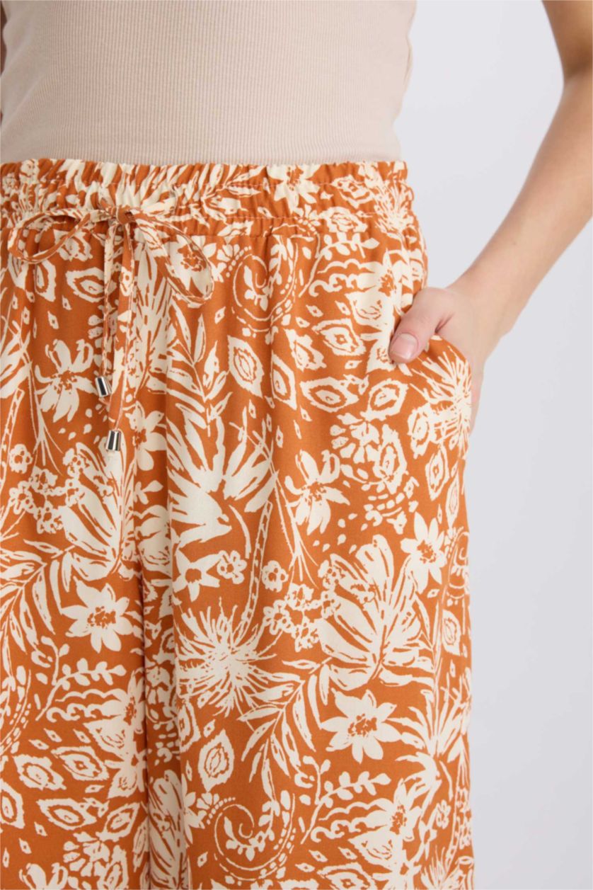 Kadın Turuncu Yüksek Bel Desenli Viskon Kapri