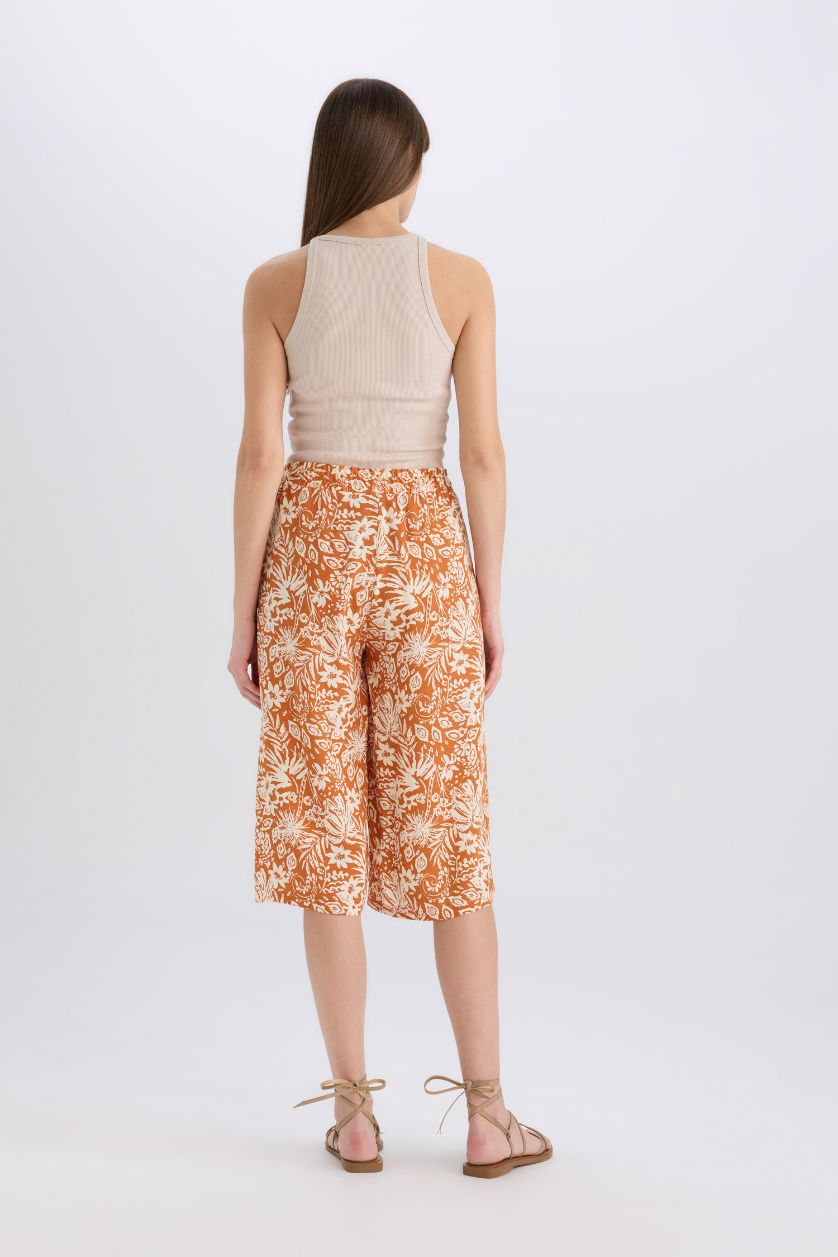 Kadın Turuncu Yüksek Bel Desenli Viskon Kapri