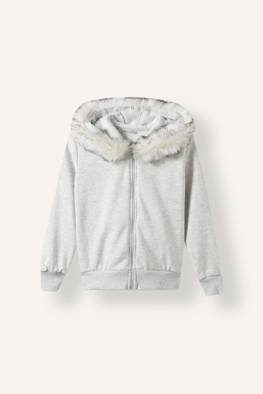 Kız Çocuk - Genç Kız Açık Gri Melange Kürklü Kapüşonlu Basic Hırka Sweatshirt Kız Çocuk