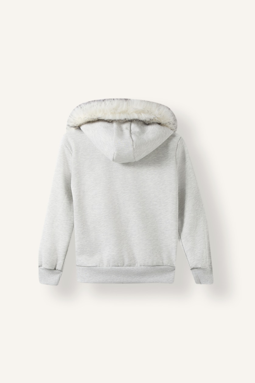 Kız Çocuk - Genç Kız Açık Gri Melange Kürklü Kapüşonlu Basic Hırka Sweatshirt Kız Çocuk
