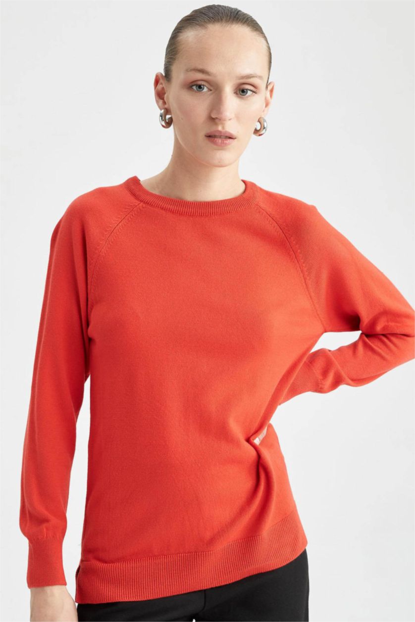 حريمي برتقالي بلوفر تريكو بيزك بقصة مريحة بياقة مستديرة