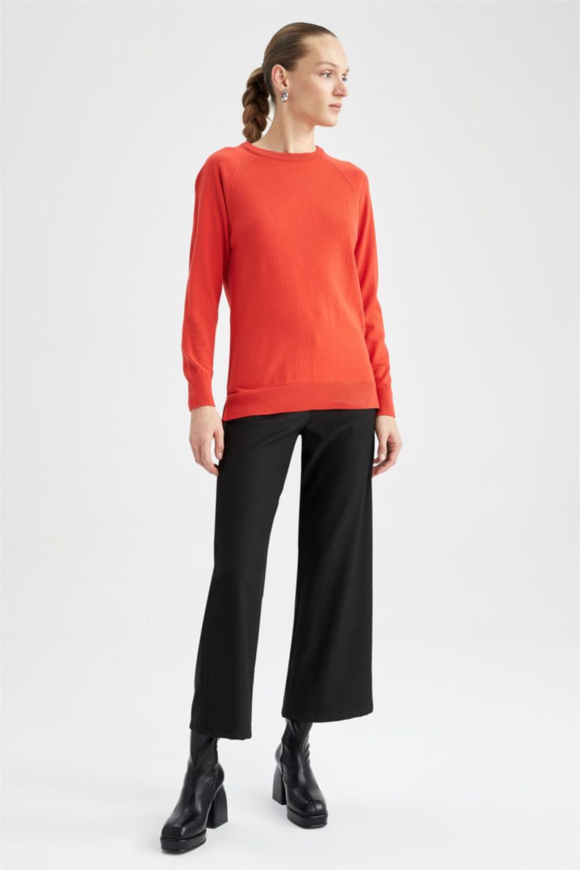 حريمي برتقالي بلوفر تريكو بيزك بقصة مريحة بياقة مستديرة