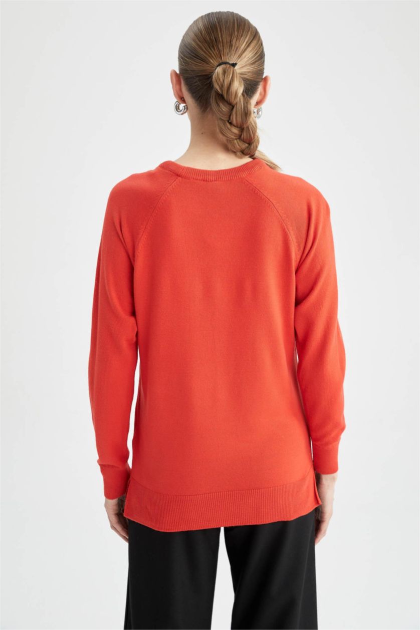 حريمي برتقالي بلوفر تريكو بيزك بقصة مريحة بياقة مستديرة