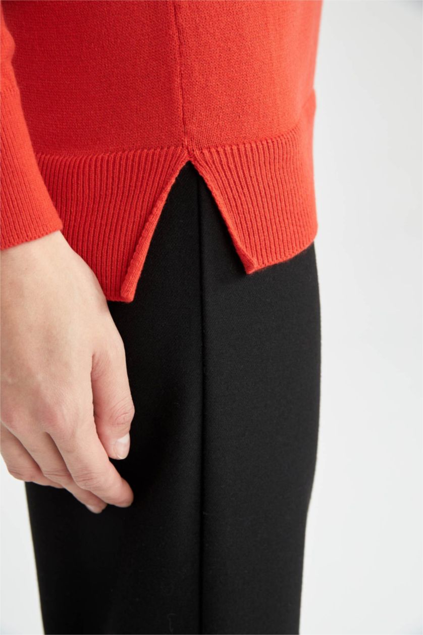 حريمي برتقالي بلوفر تريكو بيزك بقصة مريحة بياقة مستديرة