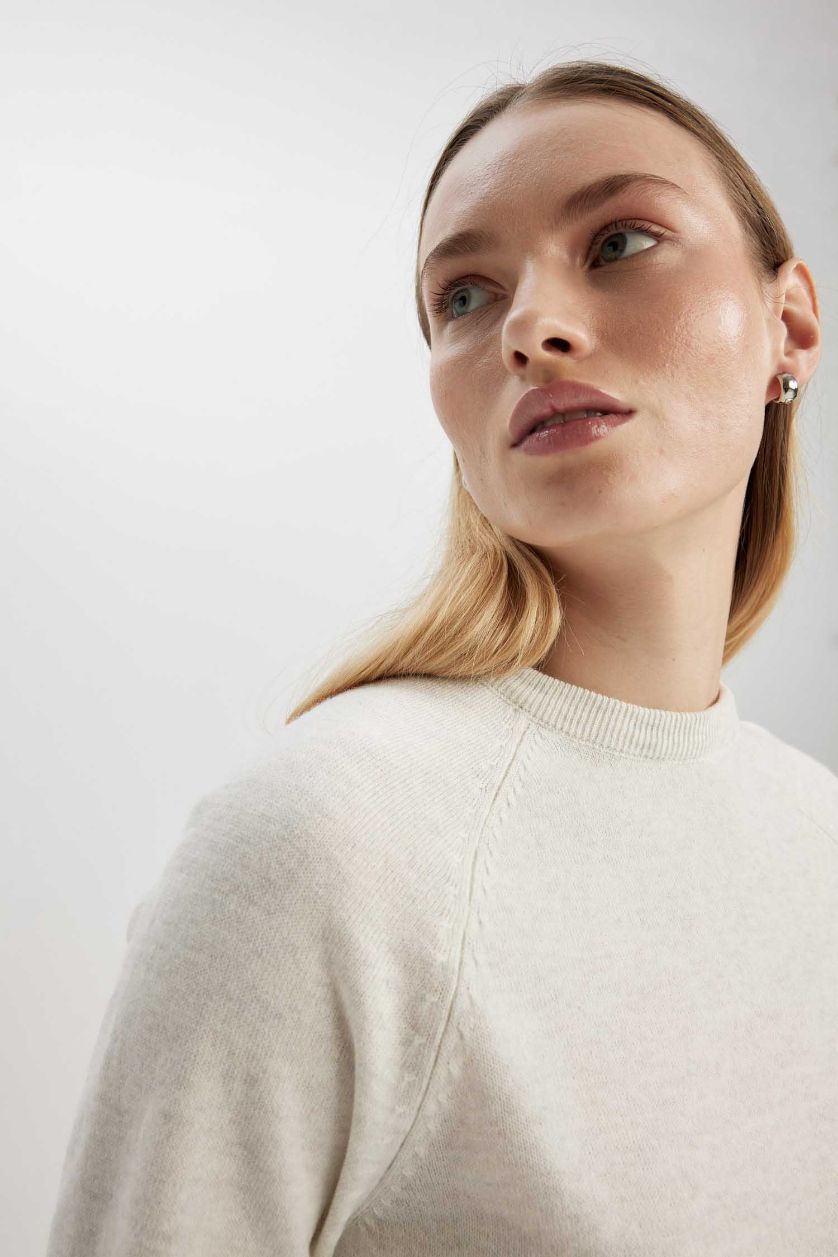 WOMAN Light Grey Melange Regular Fit Crew Neck Pullover