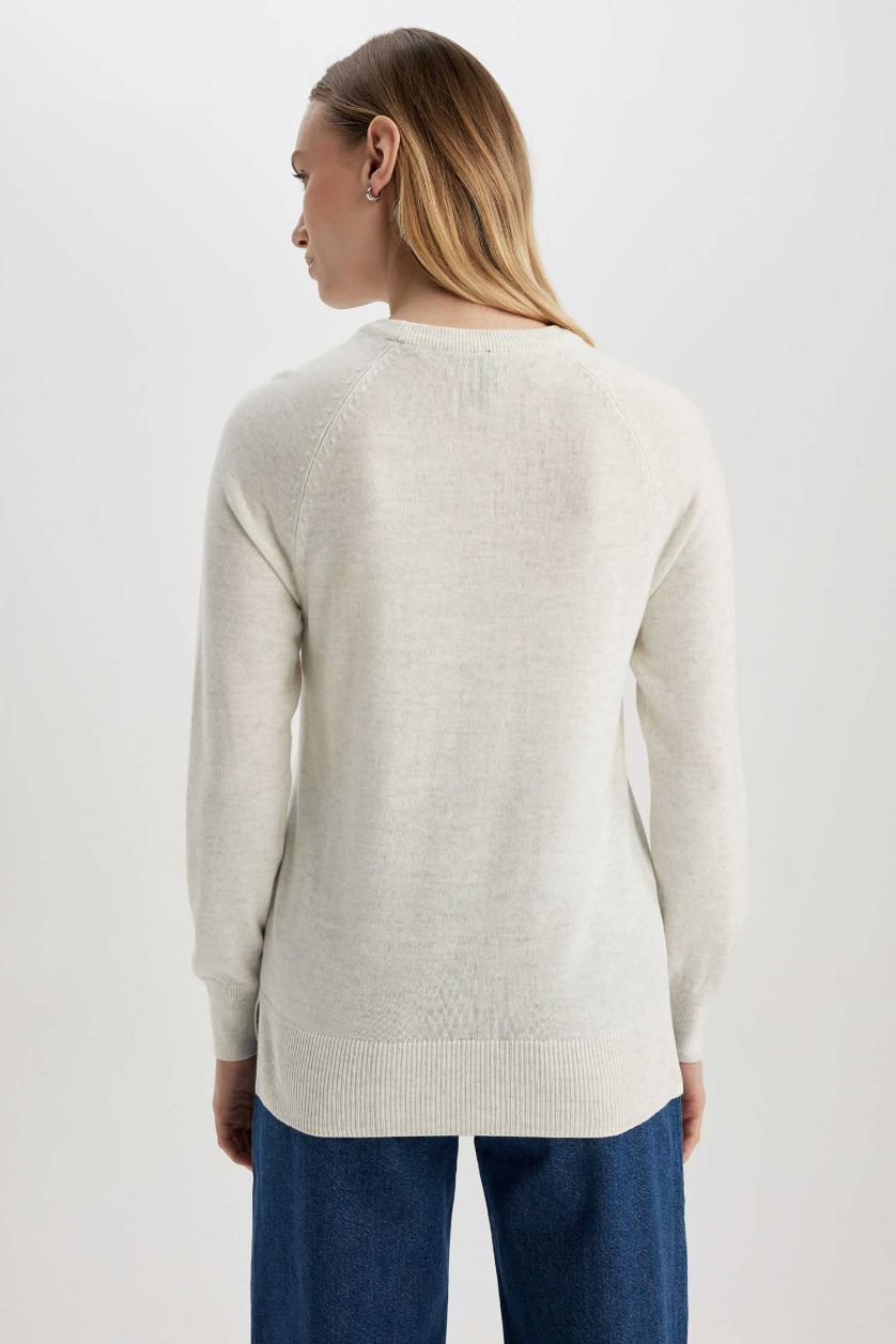 WOMAN Light Grey Melange Regular Fit Crew Neck Pullover