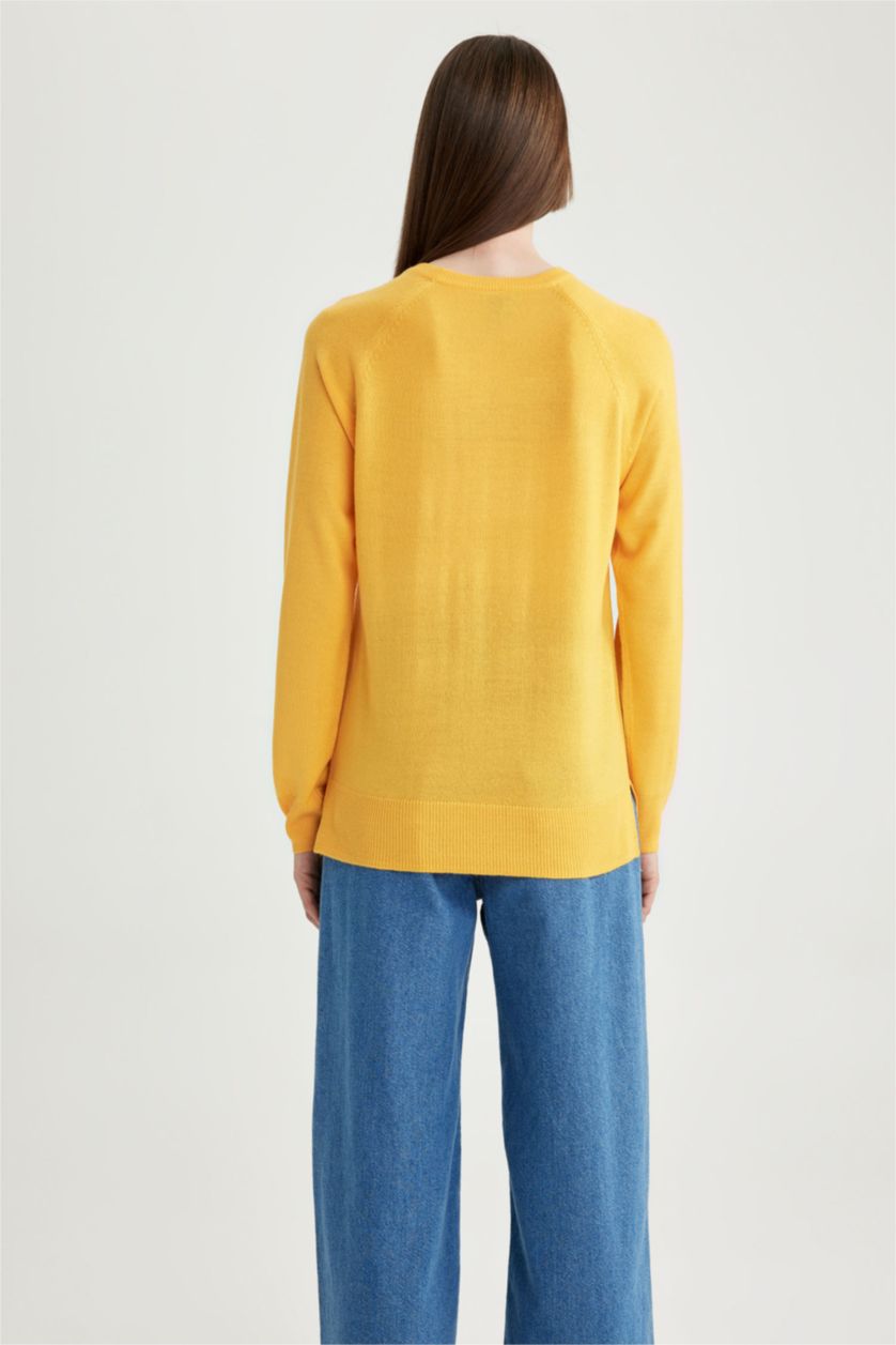 حريمي أصفر بلوفر اسود تريكو بيزك قصة عادية برقبة مستديرة