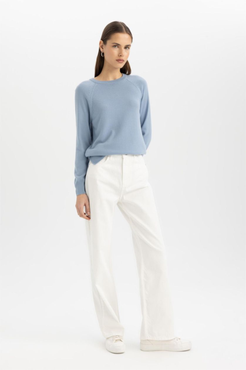 Kadın Mavi Regular Fit Yumuşak Dokulu Bisiklet Yaka Basic Düz Triko Kazak