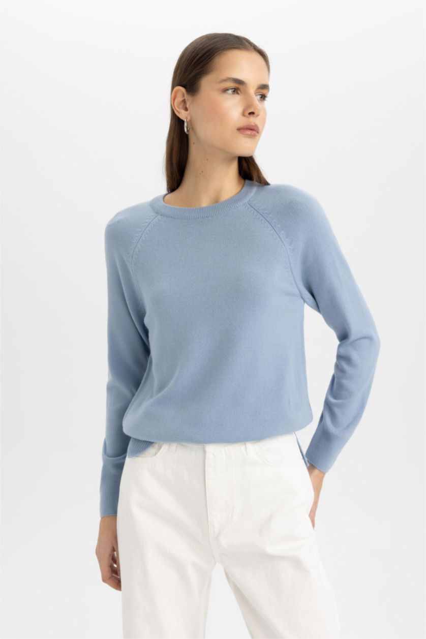 Kadın Mavi Regular Fit Yumuşak Dokulu Bisiklet Yaka Basic Düz Triko Kazak