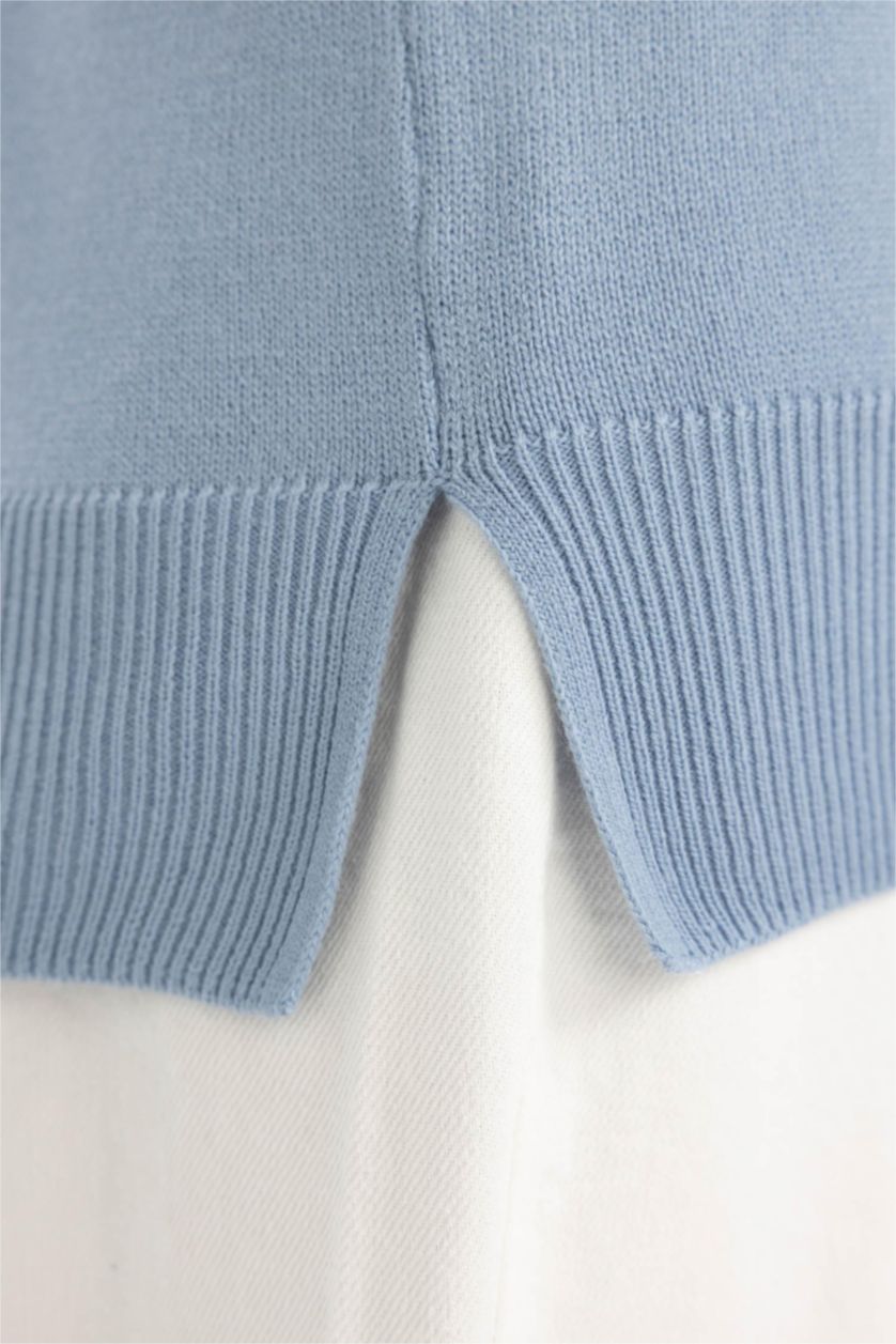 Kadın Mavi Regular Fit Yumuşak Dokulu Bisiklet Yaka Basic Düz Triko Kazak