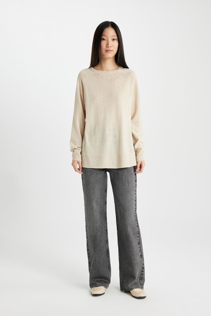 Kadın Taş Regular Fit Yumuşak Dokulu Bisiklet Yaka Basic Düz Triko Kazak