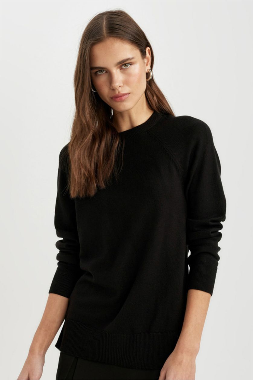 Kadın Siyah Yumuşak Dokulu Bisiklet Yaka Reglan Kol Basic Düz Triko Kazak