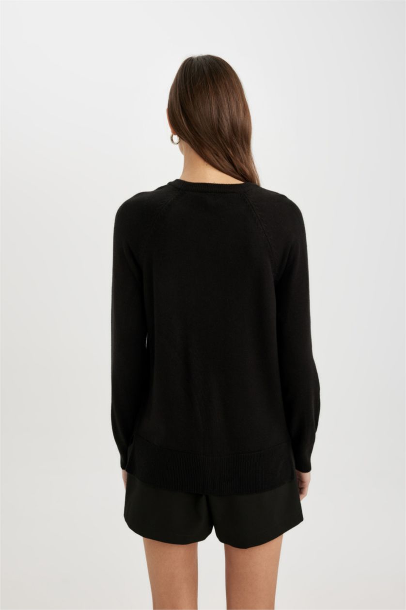 Kadın Siyah Yumuşak Dokulu Bisiklet Yaka Reglan Kol Basic Düz Triko Kazak