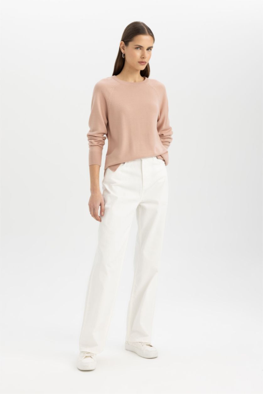 Kadın Açık Gülkurusu Regular Fit Yumuşak Dokulu Bisiklet Yaka Basic Düz Triko Kazak