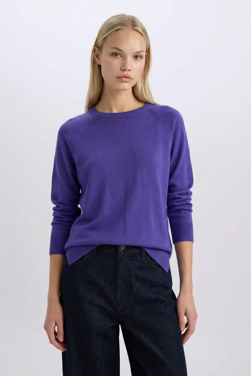 Kadın Mor Ultra Yumuşak Relaxed Fit Basıc Kazak