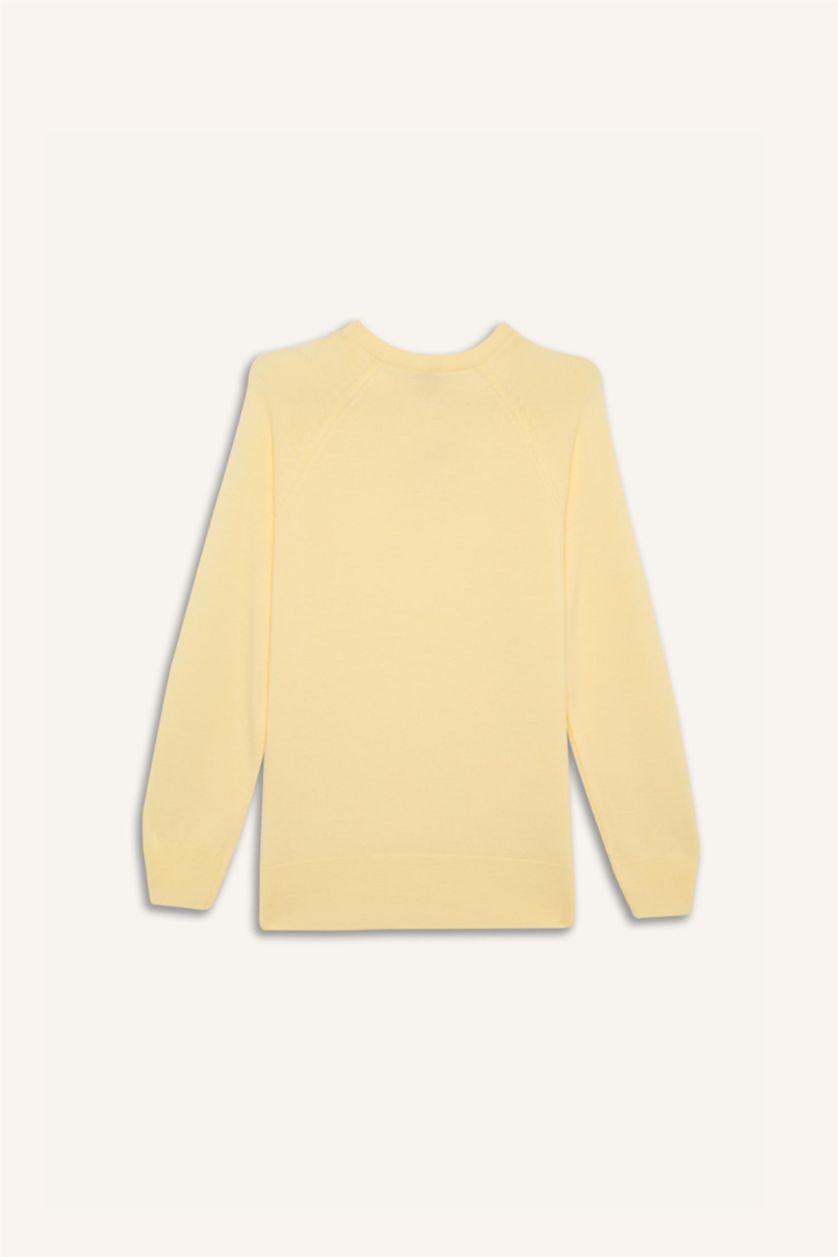 Kadın Açık Sarı Relax Fit Bisiklet Yaka Basic Düz Triko Kazak