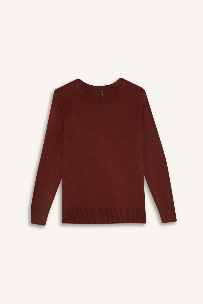 Woman Brown Relax Fit Crew Neck Basic Knit Pullover