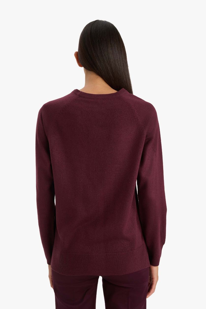 Kadın Bordo Relax Fit Bisiklet Yaka Basic Düz Triko Kazak