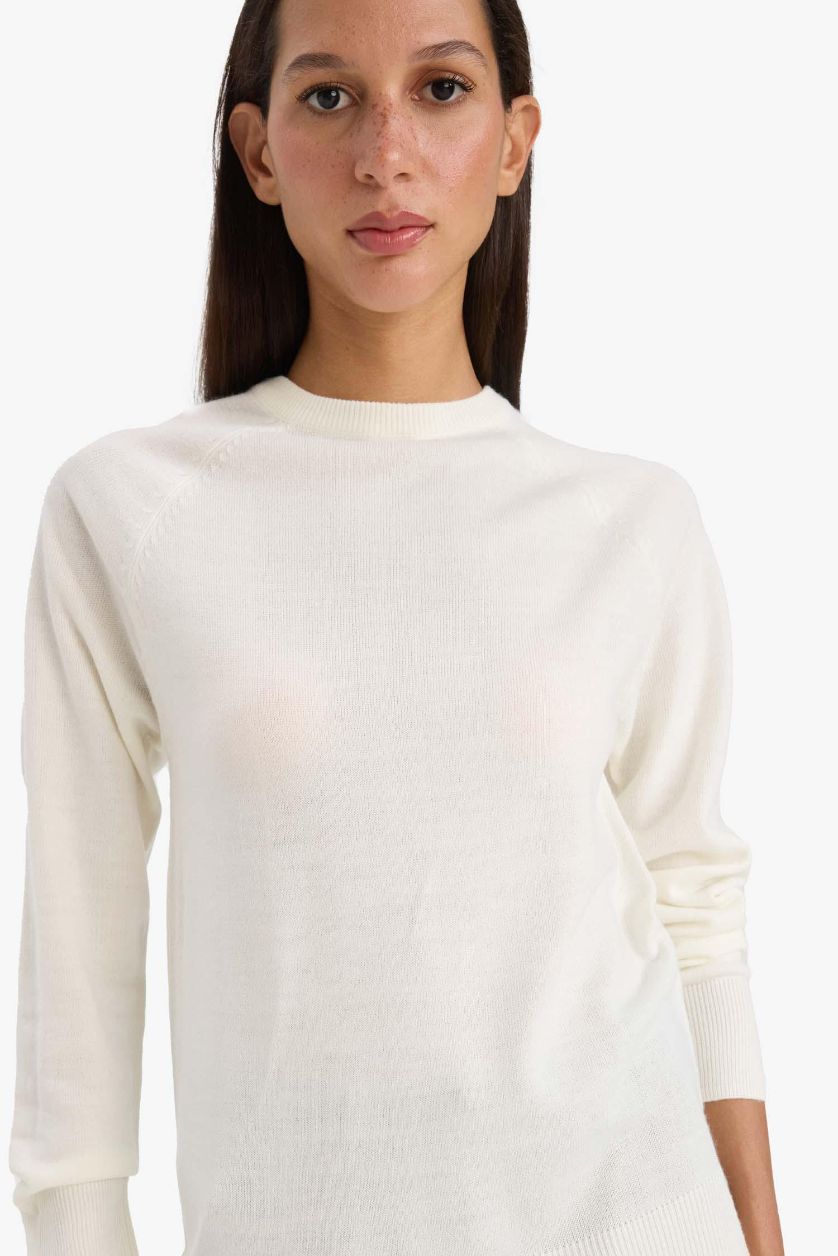 FEMME Écru Pull en Tricot Basique à Col Rond en Jersey doux pour Femme