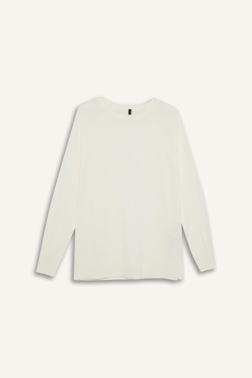 FEMME Écru Pull en Tricot Basique à Col Rond en Jersey doux pour Femme