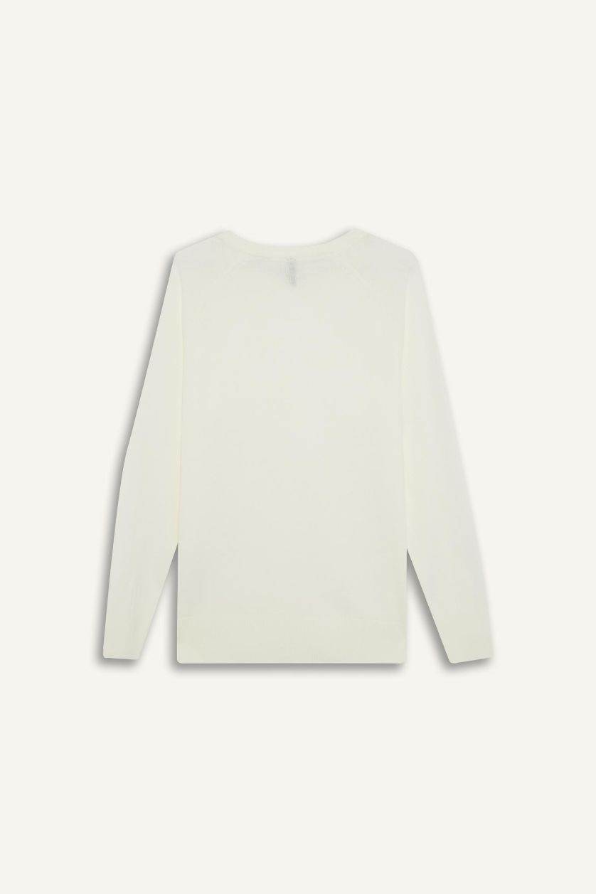 FEMME Écru Pull en Tricot Basique à Col Rond en Jersey doux pour Femme