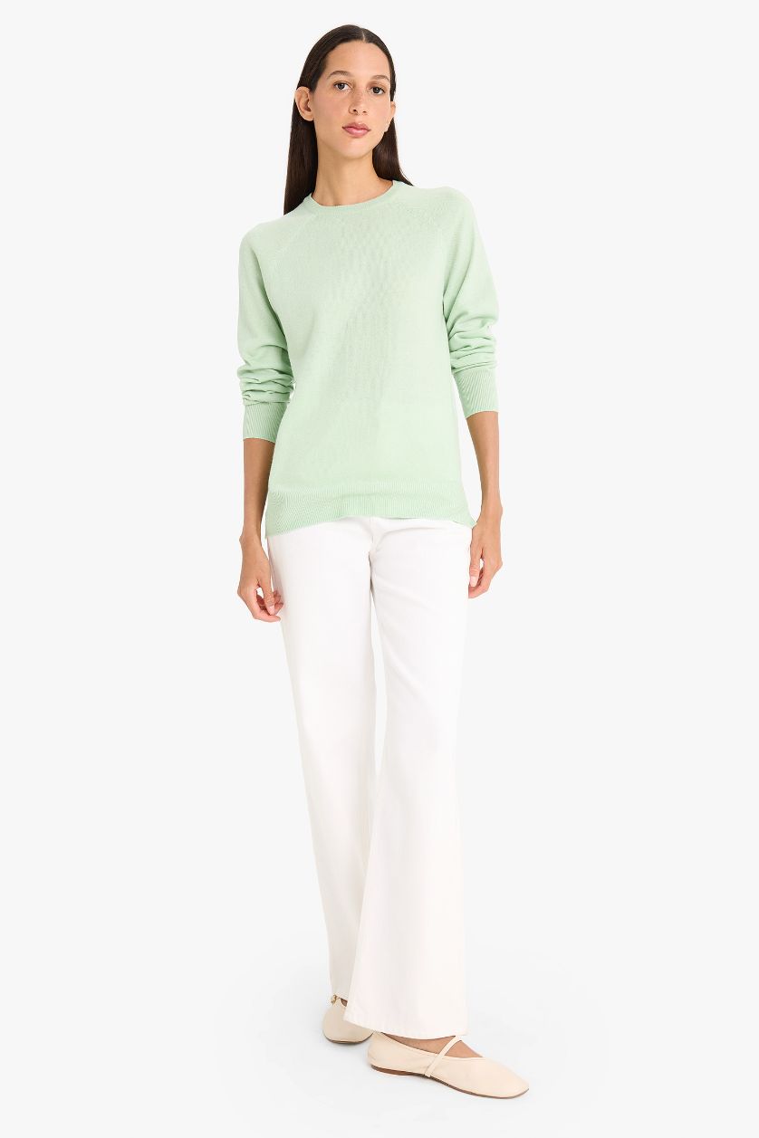 WOMAN Light Green Relax Fit Crew Neck Basic Knit Pullover