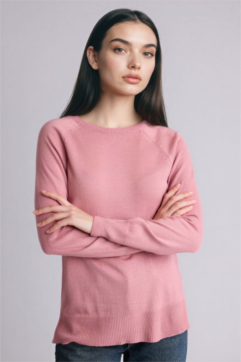 نساء زهري غامق بلوز تريكو سادة قصة مريحة بياخة مستديرة