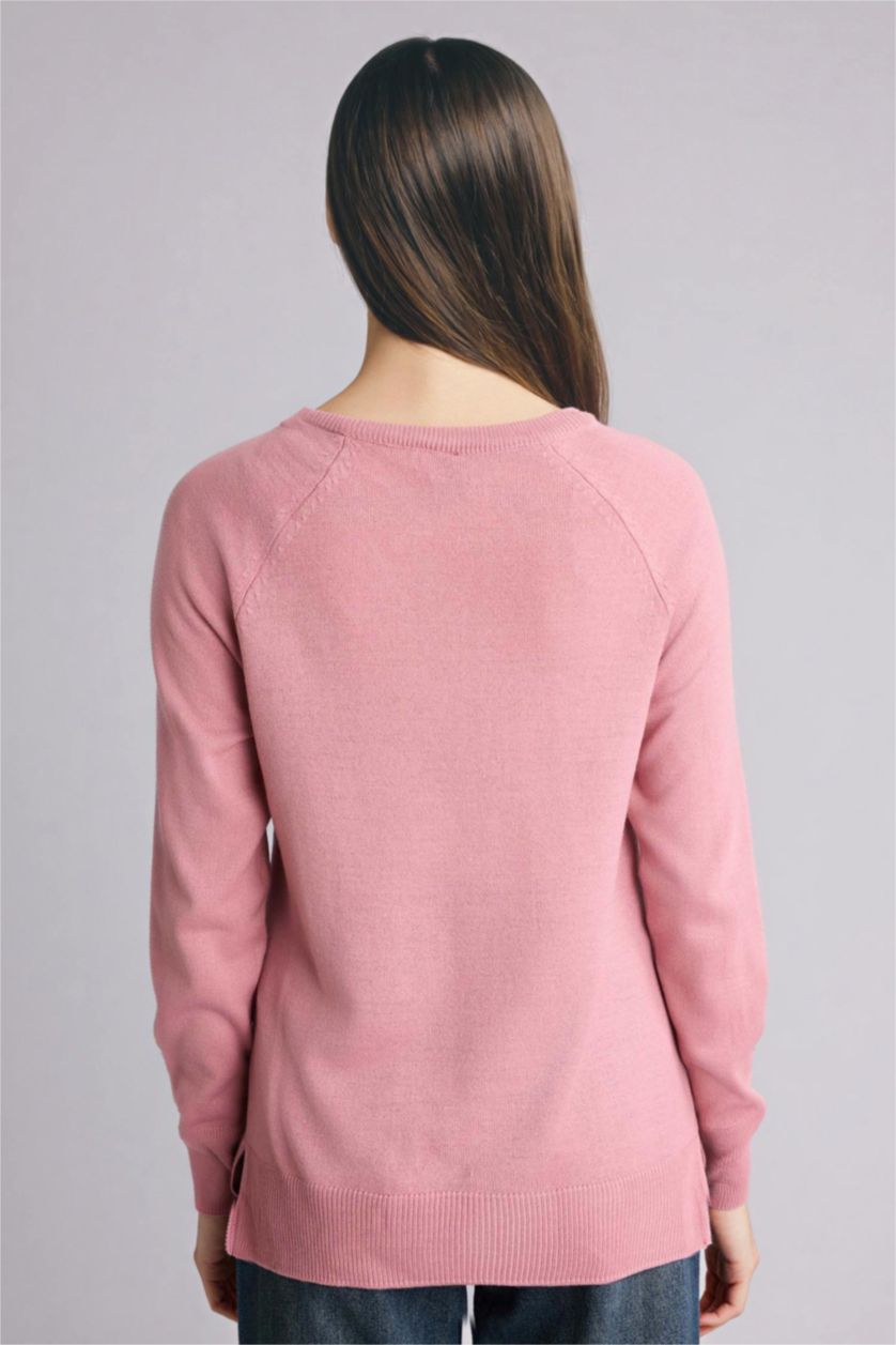 نساء زهري غامق بلوز تريكو سادة قصة مريحة بياخة مستديرة