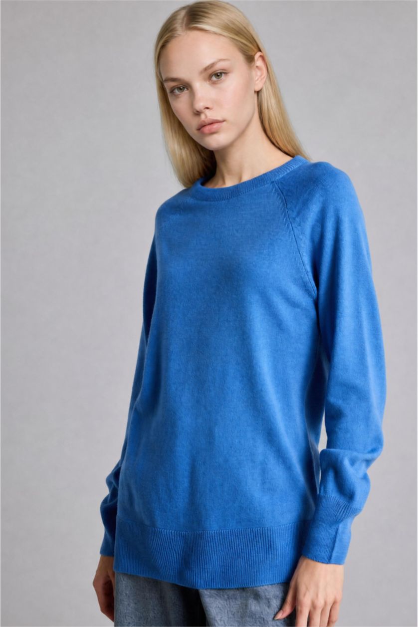 Kadın Mavi Relaxed Fit Basıc Kazak