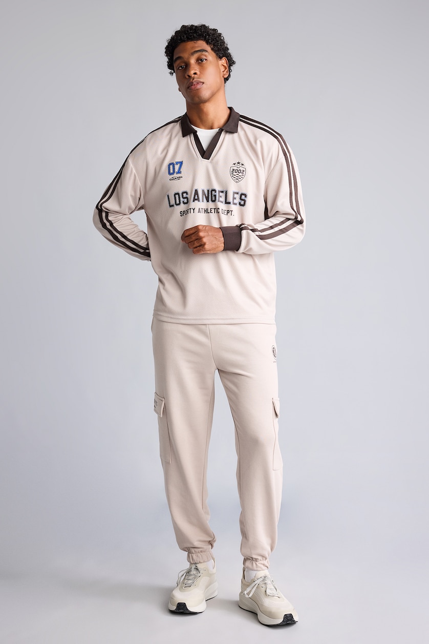 Men Stone Oversize Fit Tulle Long Sleeve Polo T-Shirt