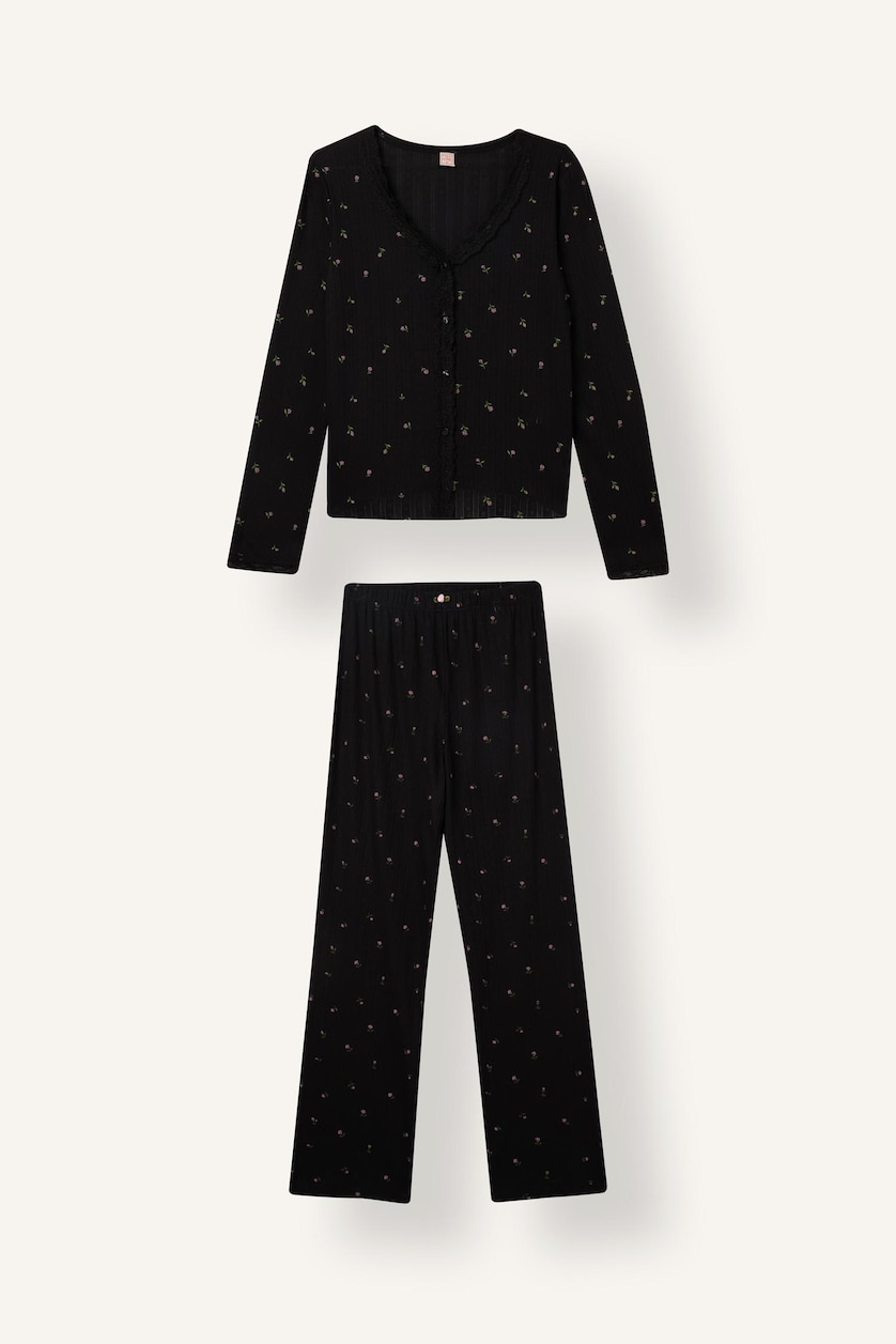 Kadın Siyah Çiçekli Regular Fit Pijama Takım