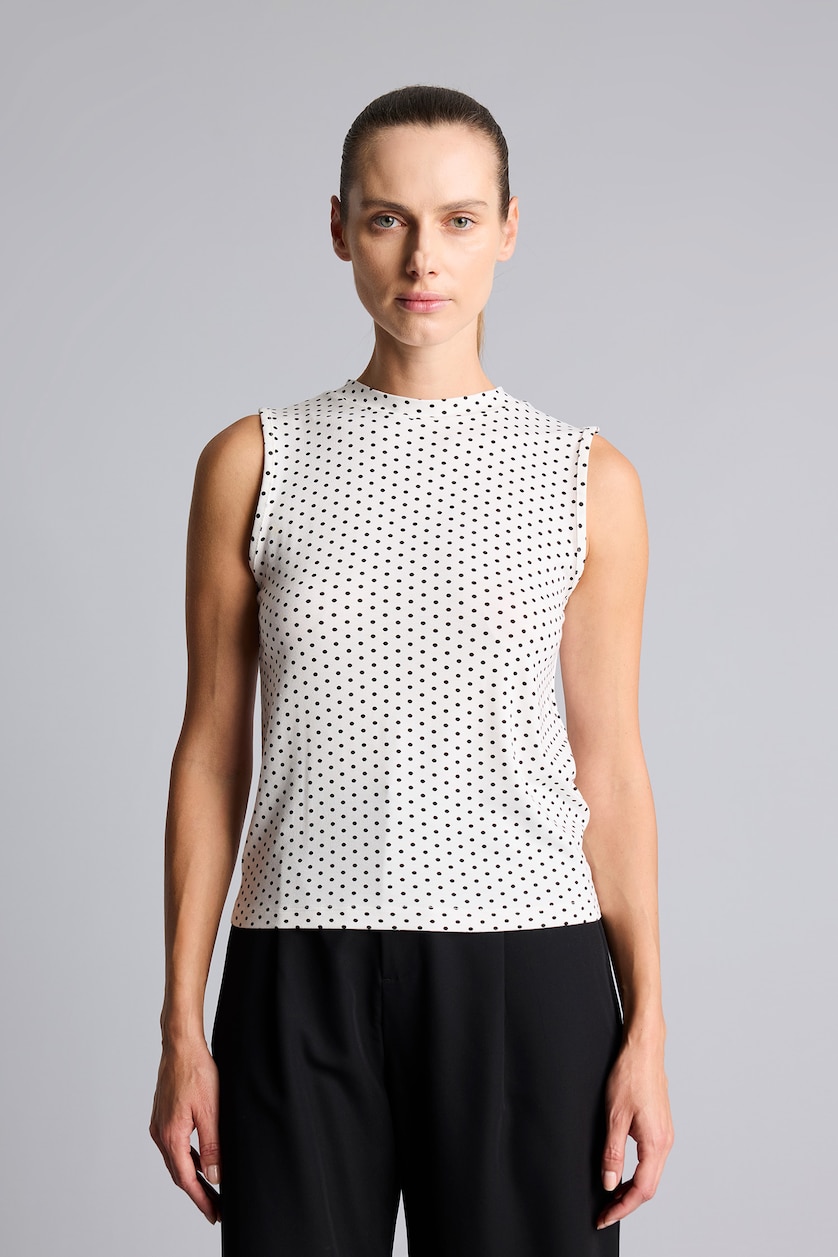 Woman Black Polka Dot Crew Neck Slim Fit Top